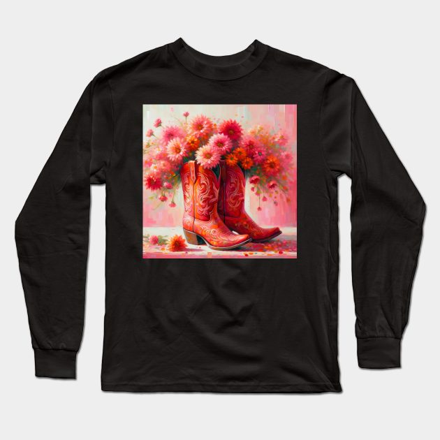Preppy cowgirl pink heeled boots with flowers art Long Sleeve T-Shirt by theholisticprints